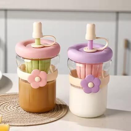 500ml Glass Sipper Bottle with Flower Band | Leakproof Straw Bottle with Built-in Juicer | Cute Aesthetic Drinkware for Kids & Adults (Multicolor)