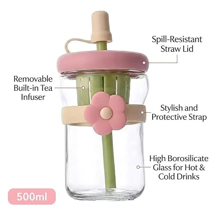 500ml Glass Sipper Bottle with Flower Band | Leakproof Straw Bottle with Built-in Juicer | Cute Aesthetic Drinkware for Kids & Adults (Multicolor)