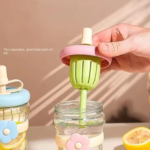 500ml Glass Sipper Bottle with Flower Band | Leakproof Straw Bottle with Built-in Juicer | Cute Aesthetic Drinkware for Kids & Adults (Multicolor)