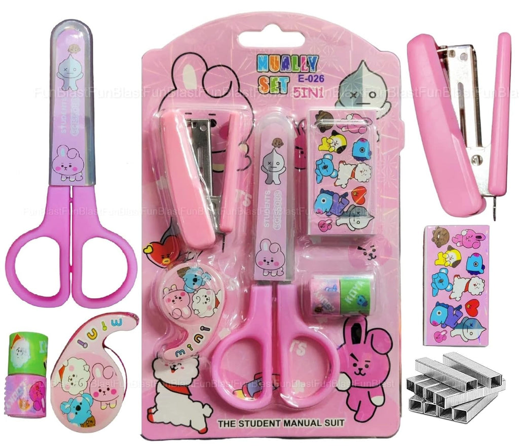 Cartoon Stationery Set – Kawaii Stapler with Scissor, Washi Tape for Office, School, Home, Portable Mini Size Stapler with 400 Staples Blister {Random Color}