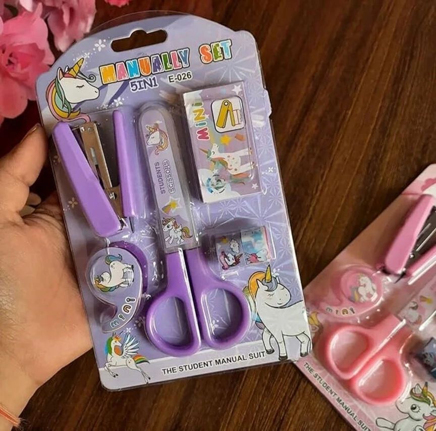 Cartoon Stationery Set – Kawaii Stapler with Scissor, Washi Tape for Office, School, Home, Portable Mini Size Stapler with 400 Staples Blister {Random Color}