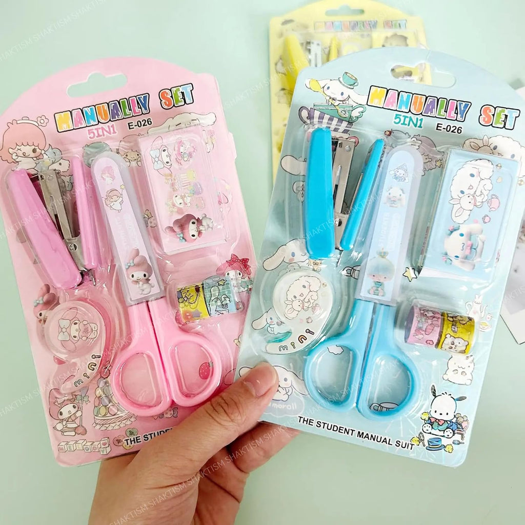 Cartoon Stationery Set – Kawaii Stapler with Scissor, Washi Tape for Office, School, Home, Portable Mini Size Stapler with 400 Staples Blister {Random Color}