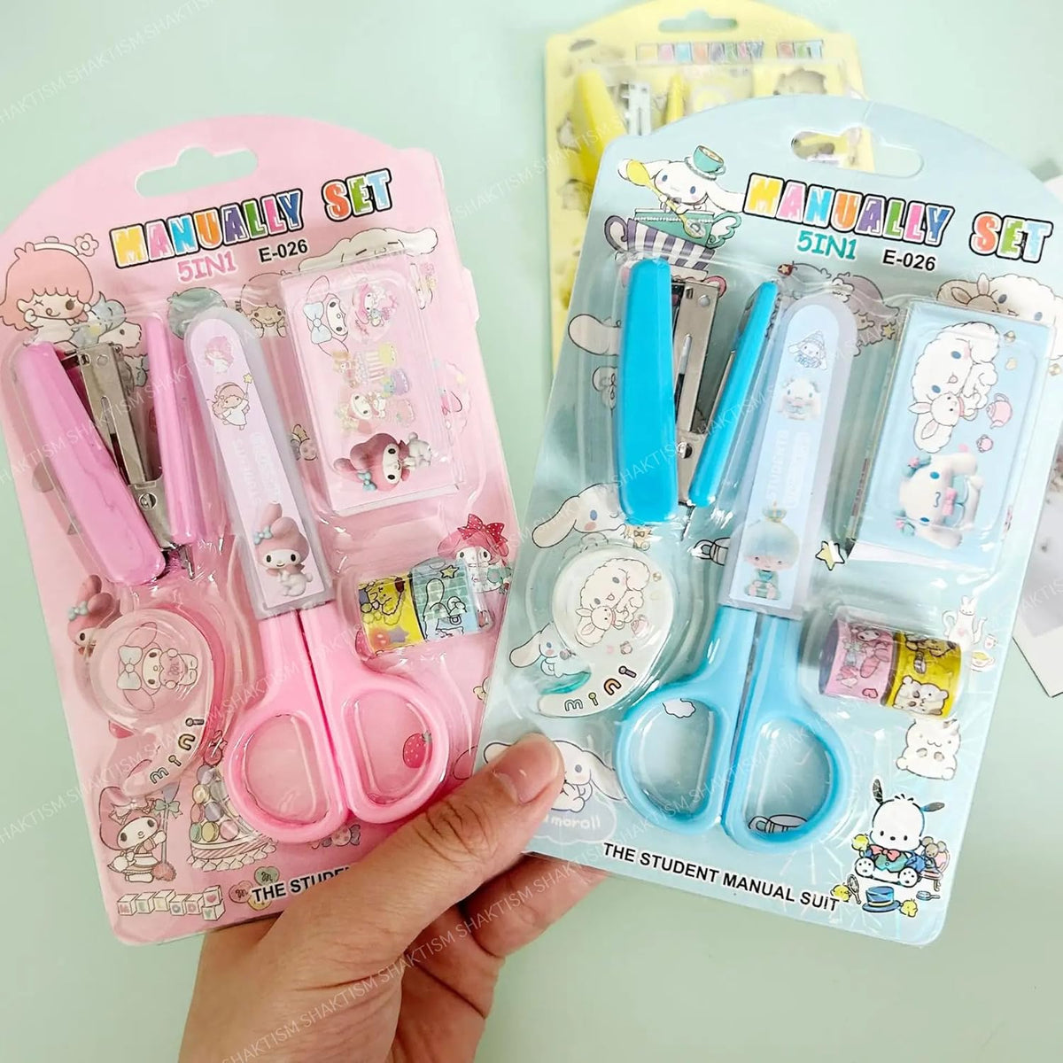 Cartoon Stationery Set – Kawaii Stapler with Scissor, Washi Tape for Office, School, Home, Portable Mini Size Stapler with 400 Staples Blister {Random Color}