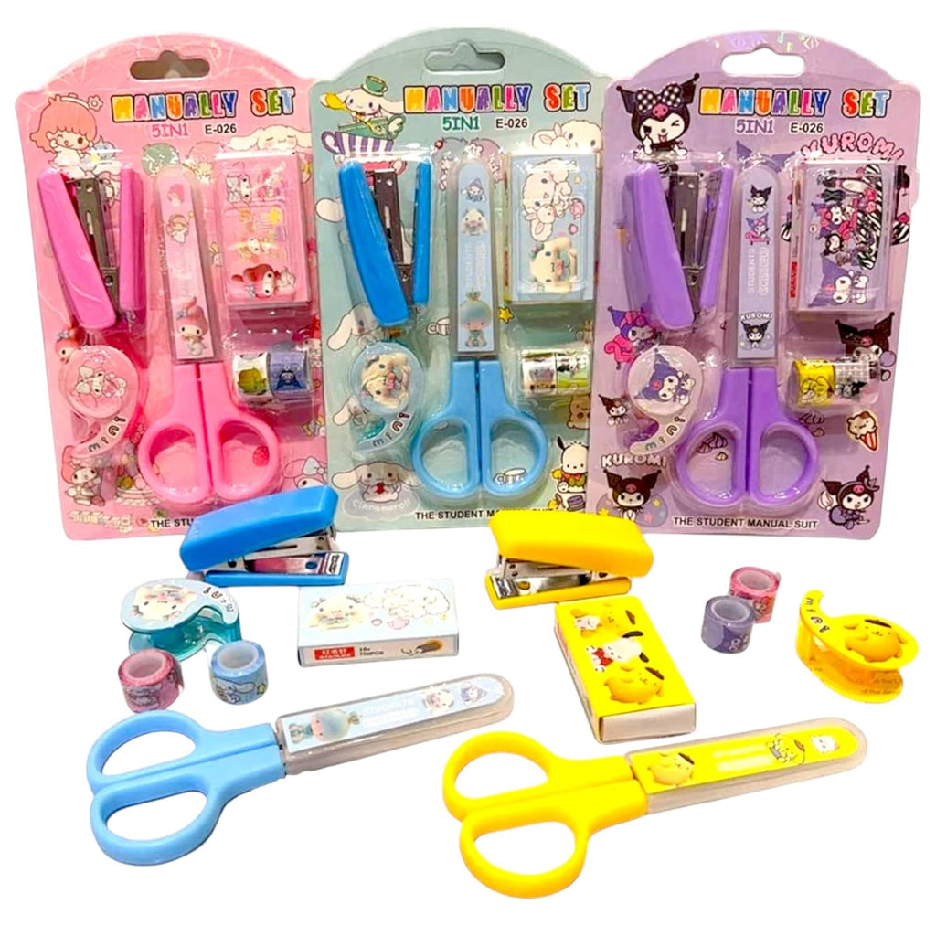 Cartoon Stationery Set – Kawaii Stapler with Scissor, Washi Tape for Office, School, Home, Portable Mini Size Stapler with 400 Staples Blister {Random Color}