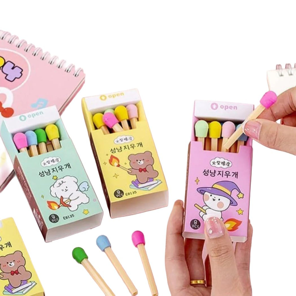 Matchstick Shape Eraser Set for Kids, Cute Matchbox Design, 8 Mini Cartoon Rubber Erasers, for School, Drawing & Stationery Collection