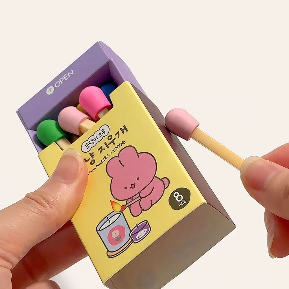 Matchstick Shape Eraser Set for Kids, Cute Matchbox Design, 8 Mini Cartoon Rubber Erasers, for School, Drawing & Stationery Collection