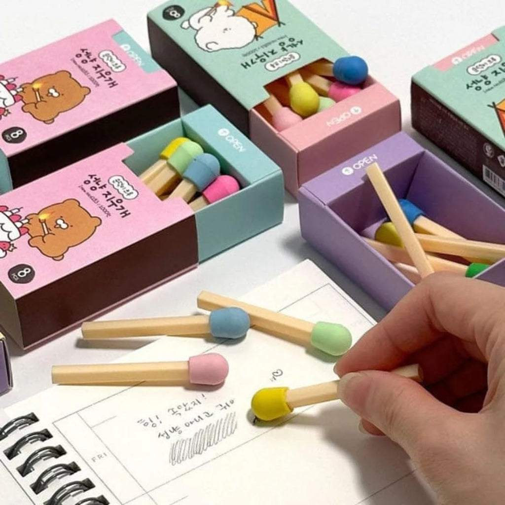 Matchstick Shape Eraser Set for Kids, Cute Matchbox Design, 8 Mini Cartoon Rubber Erasers, for School, Drawing & Stationery Collection