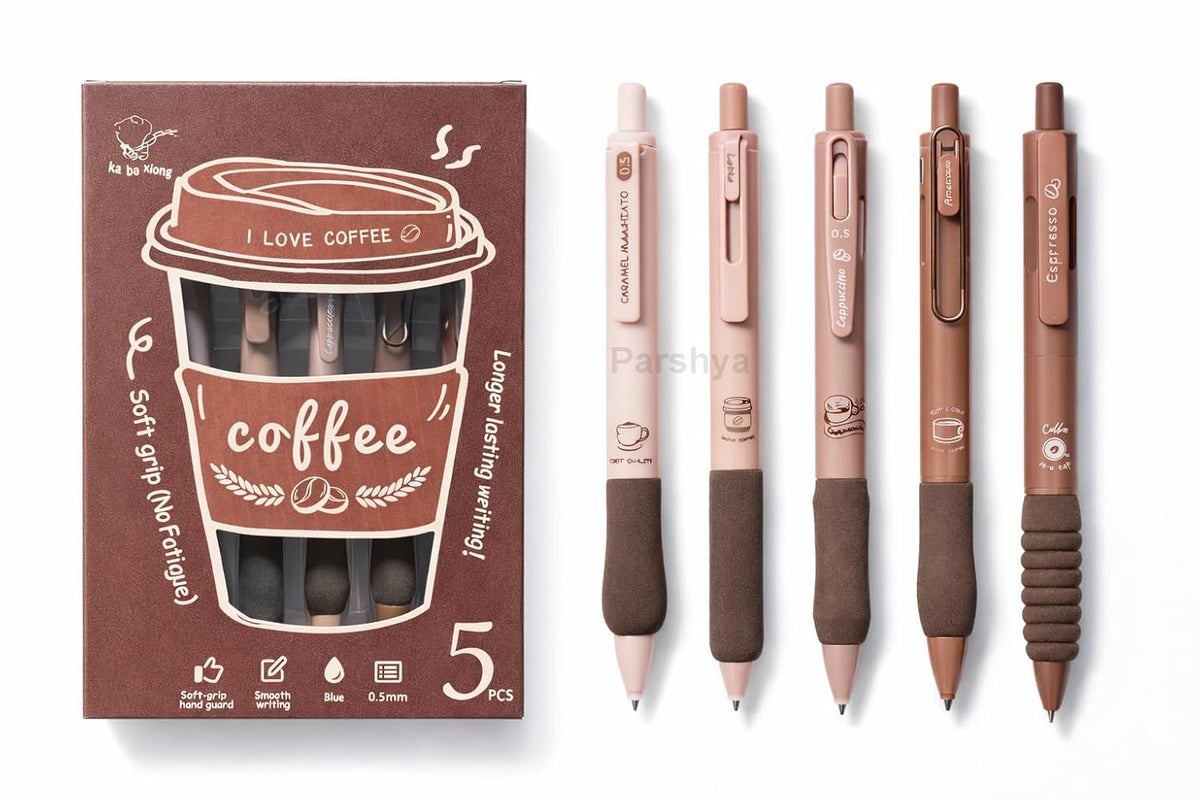 Coffee Theme Gel Pens Set of 5 | 0.5mm Fine Tip Blue Ink Pens | Soft Grip Smooth Writing Pens | Aesthetic Cute Stationery for Students, Office, Journaling & Gifts