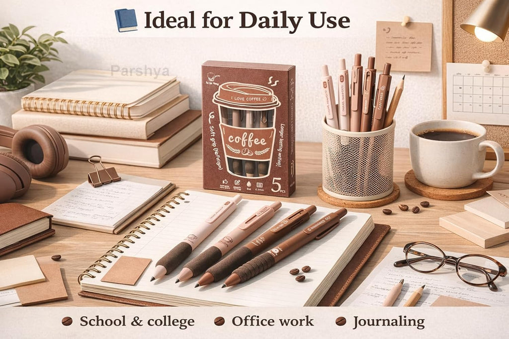 Coffee Theme Gel Pens Set of 5 | 0.5mm Fine Tip Blue Ink Pens | Soft Grip Smooth Writing Pens | Aesthetic Cute Stationery for Students, Office, Journaling & Gifts