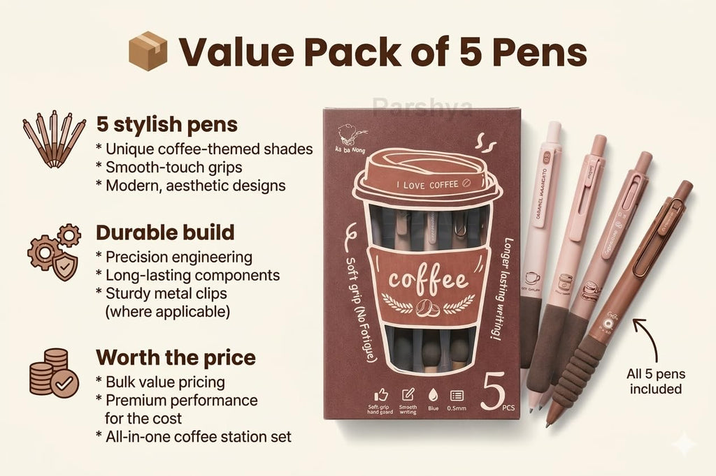 Coffee Theme Gel Pens Set of 5 | 0.5mm Fine Tip Blue Ink Pens | Soft Grip Smooth Writing Pens | Aesthetic Cute Stationery for Students, Office, Journaling & Gifts
