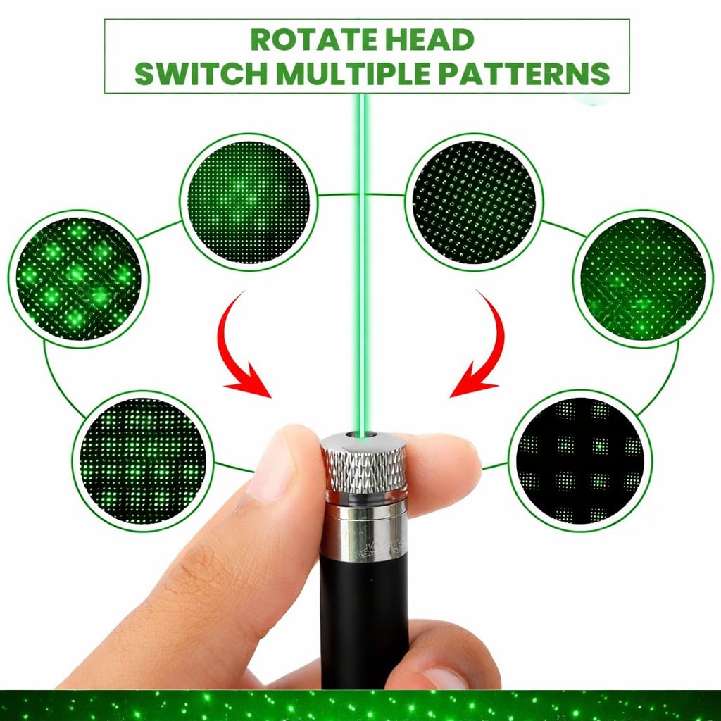 Laser Pointer Pen Set with Multiple 8 Star Caps | High Power Green Laser Light Pen for Presentation, Teaching & Outdoor Use | Metal Body Laser Pointer Kit