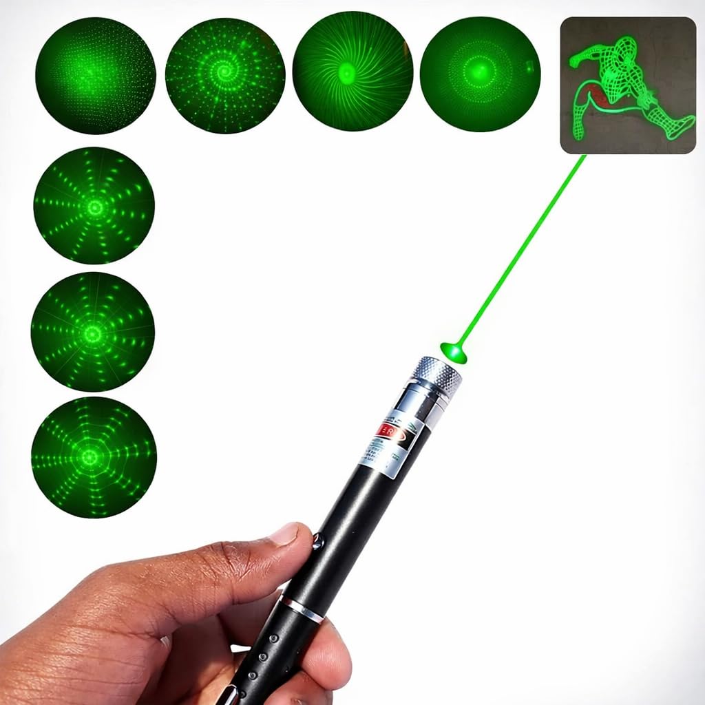 Laser Pointer Pen Set with Multiple 8 Star Caps | High Power Green Laser Light Pen for Presentation, Teaching & Outdoor Use | Metal Body Laser Pointer Kit