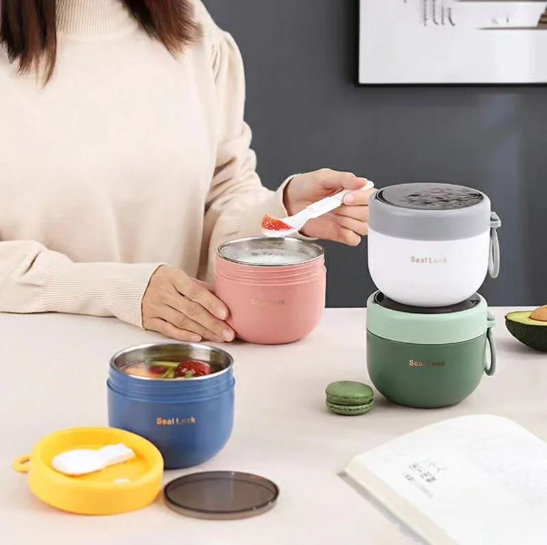 Stainless Steel Insulated Bowl Lunch Box 600ml | Hot & Cold Meal Holder with Handle & Spoon | Leak Resistant Food Container for Office, School, Travel {Random Color}