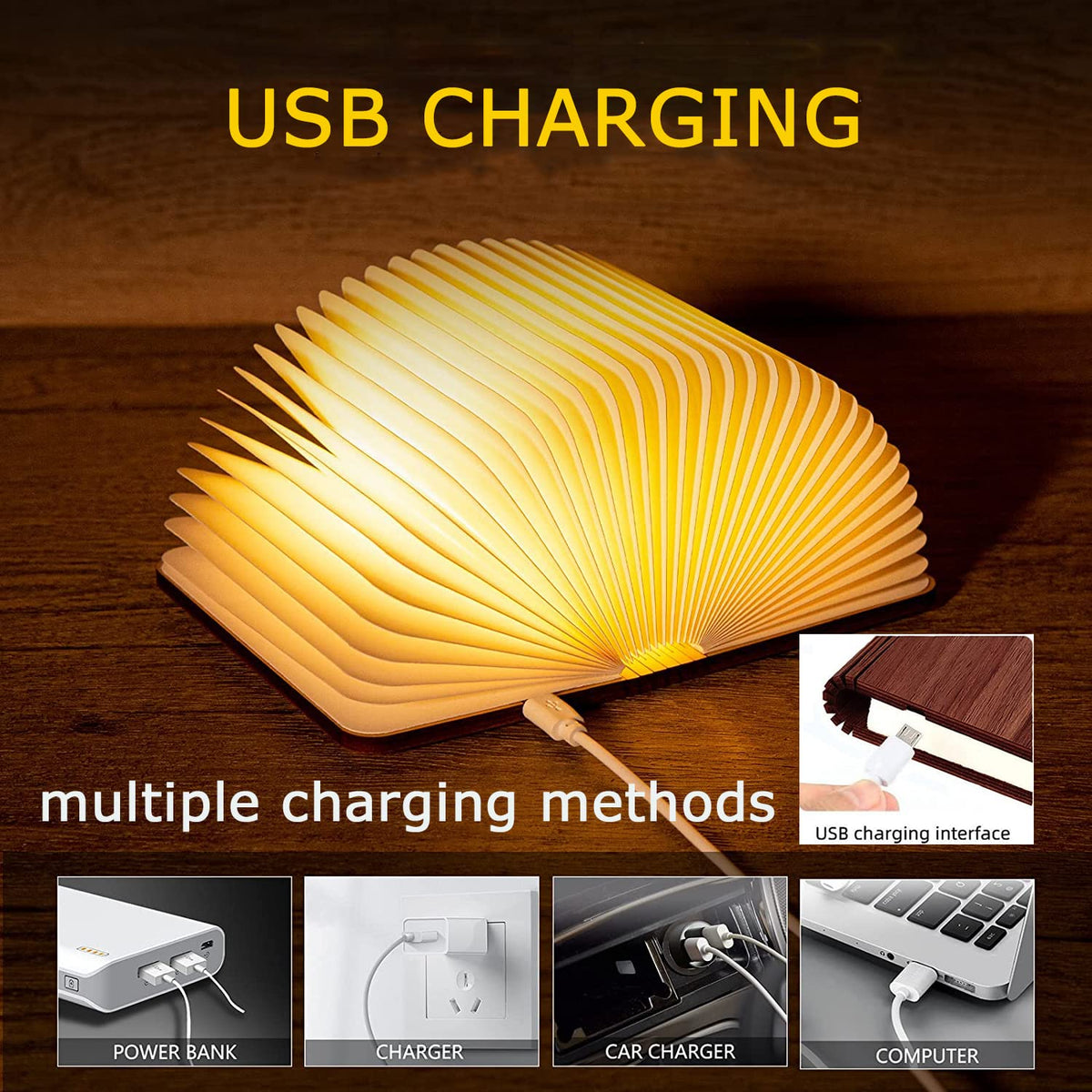 Wooden Book Light, Upgraded 5 Colors Creative LED Book Night Light USB Rechargeable Magnetic Folding Mood Light for Home,Office,Library Decor Gift