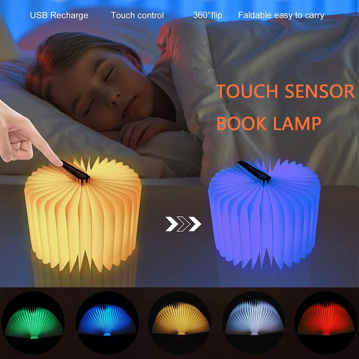Wooden Book Light, Upgraded 5 Colors Creative LED Book Night Light USB Rechargeable Magnetic Folding Mood Light for Home,Office,Library Decor Gift