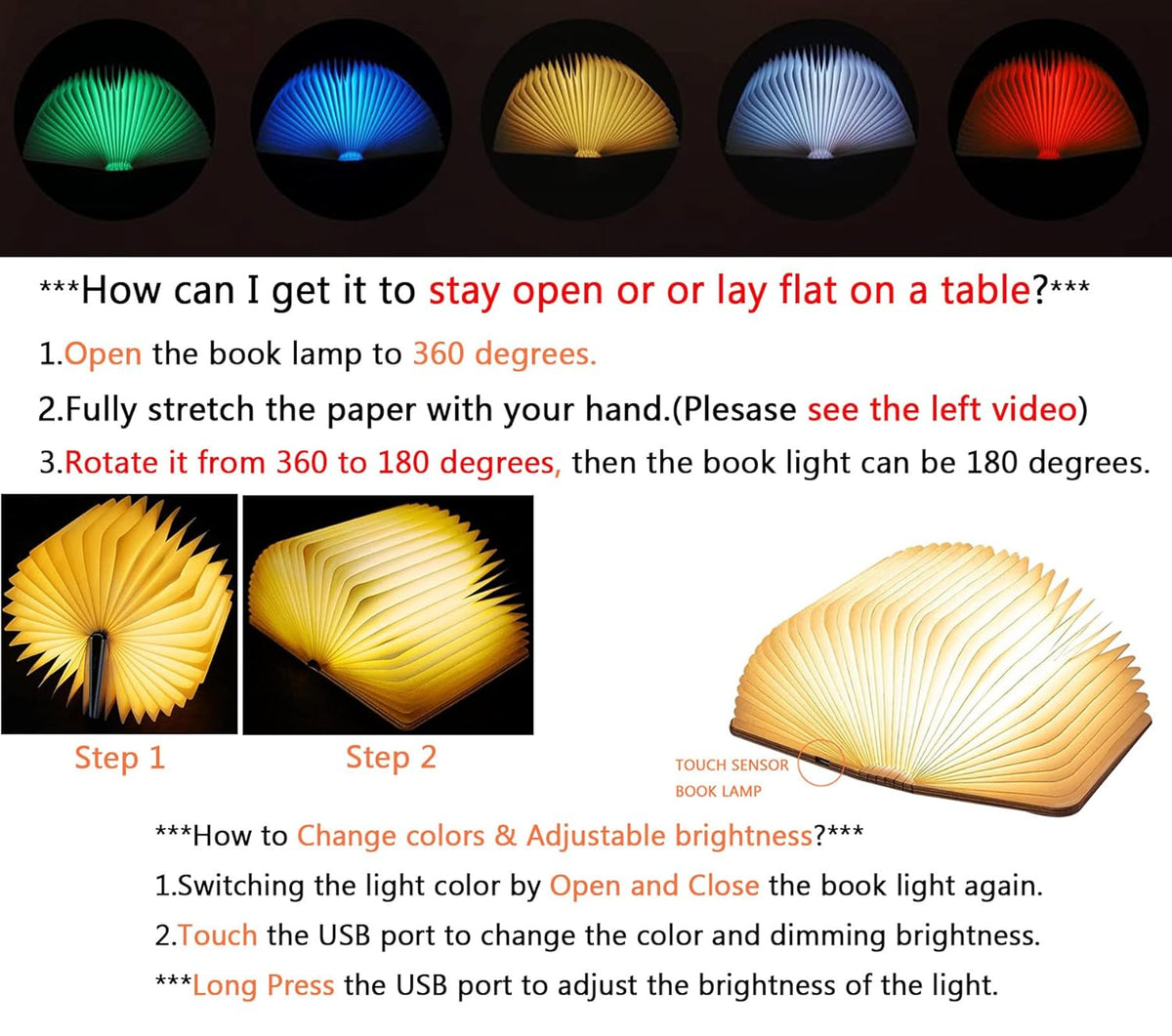 Wooden Book Light, Upgraded 5 Colors Creative LED Book Night Light USB Rechargeable Magnetic Folding Mood Light for Home,Office,Library Decor Gift