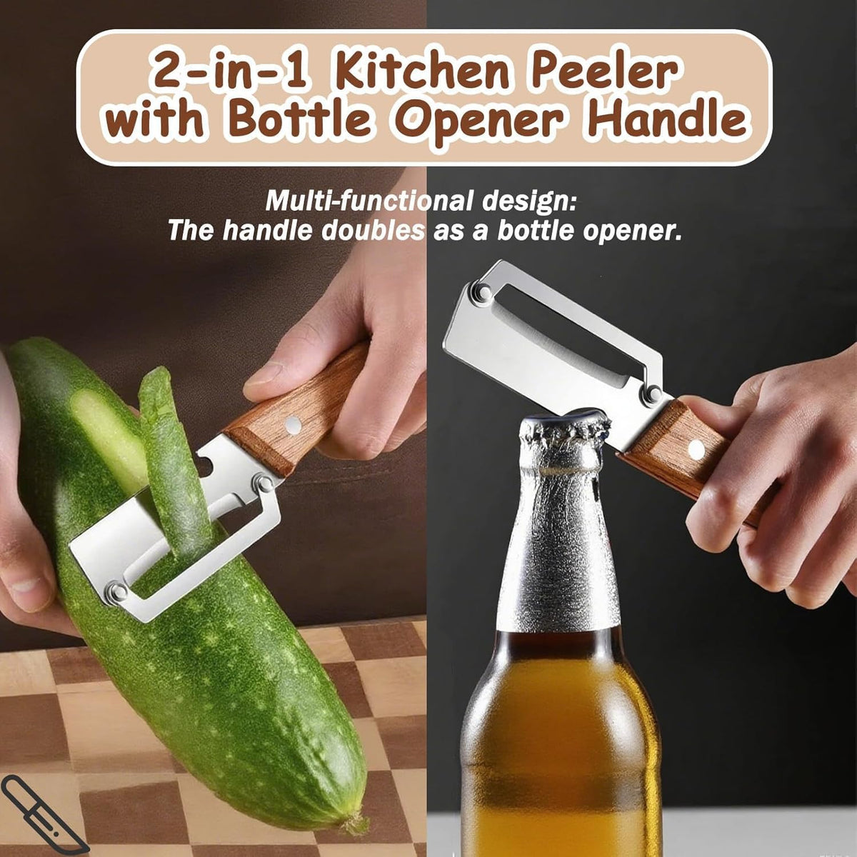 Multi-Functional Vegetable Peeler for Kitchen, Stainless Steel Peeler with Wooden Handle and Bottle Opener, Single Blade Peelers Tool, Suitable for Vegetables or Fruits (3 in 1 Fruit Peeler)