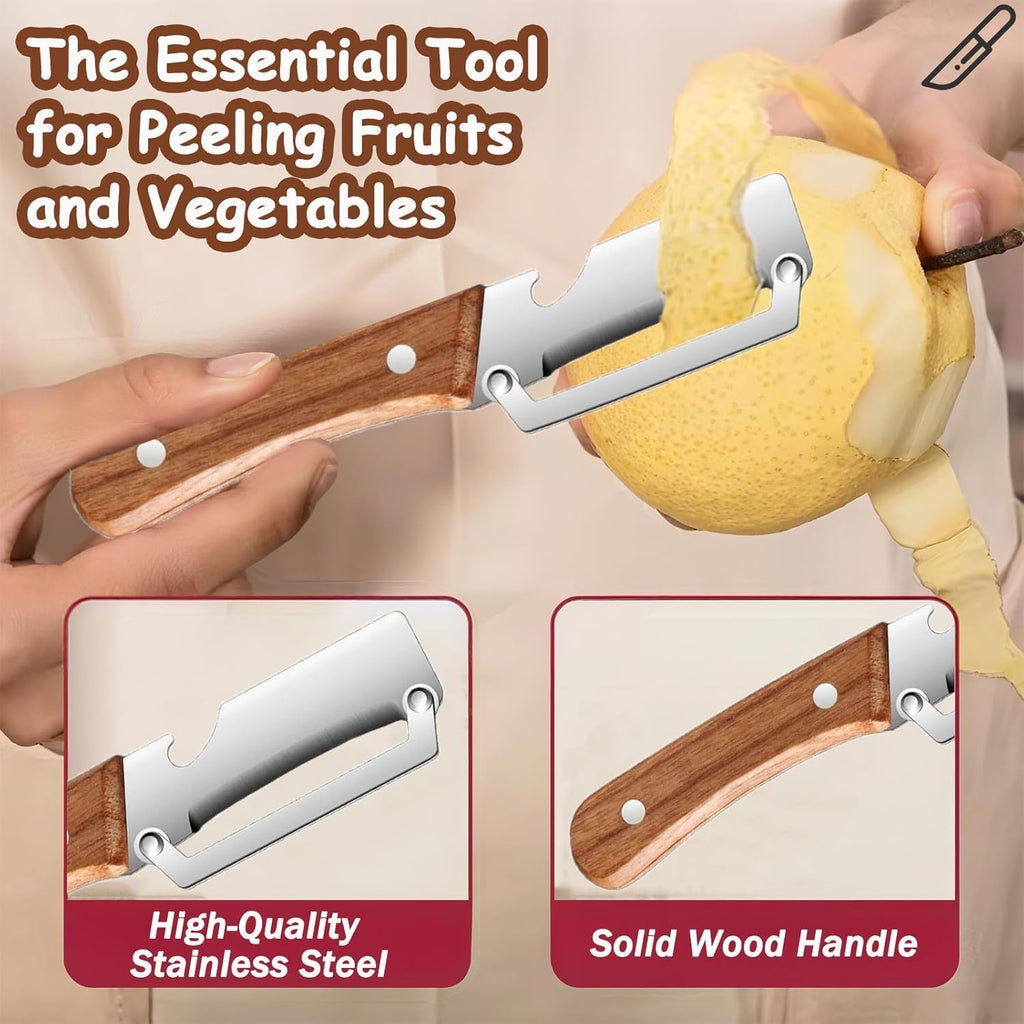 Multi-Functional Vegetable Peeler for Kitchen, Stainless Steel Peeler with Wooden Handle and Bottle Opener, Single Blade Peelers Tool, Suitable for Vegetables or Fruits (3 in 1 Fruit Peeler)