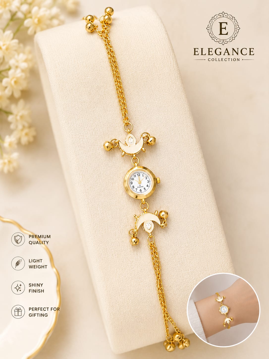 Women Gold Plated Kashmiri Bracelet Watch with Stone Studded Adjustable Chain for Girls & Women