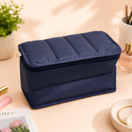 Premium Quilted Cosmetic Makeup Organizer Bag | Large Capacity Travel Toiletry Pouch | Waterproof Zipper Storage Case for Women | Navy Blue Size=22*13*16 Cm