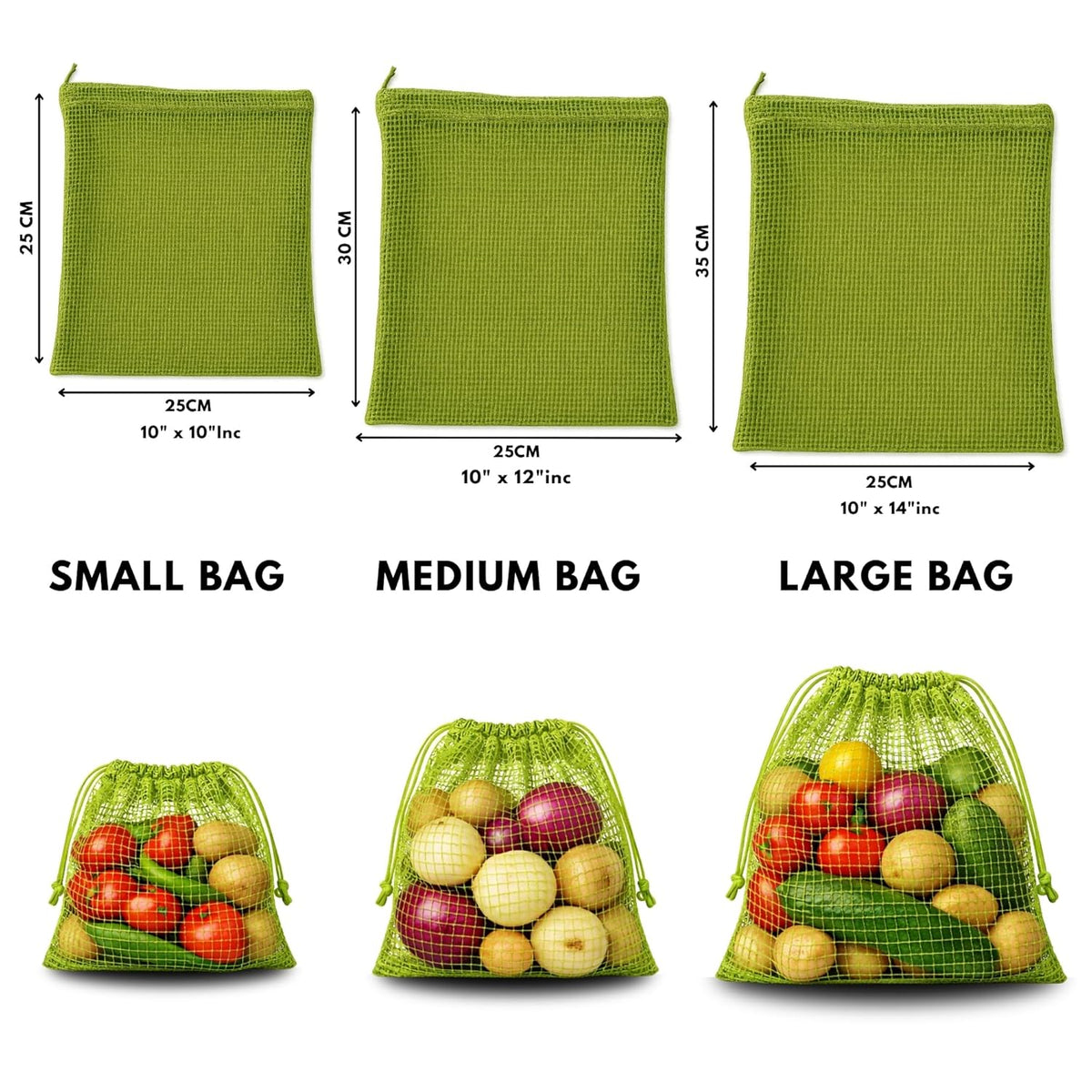 {Pack of 3} Vegetable Bag for Fridge | fridge storage bags for Fruits & Vegetables | Green Color | 3 Sizes | Reusable | Plastic-Free