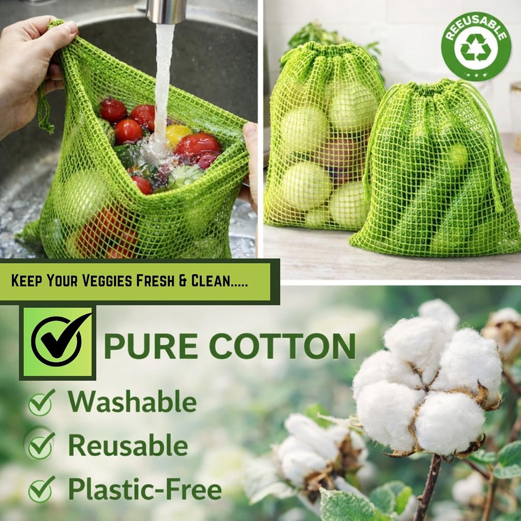 {Pack of 3} Vegetable Bag for Fridge | fridge storage bags for Fruits & Vegetables | Green Color | 3 Sizes | Reusable | Plastic-Free