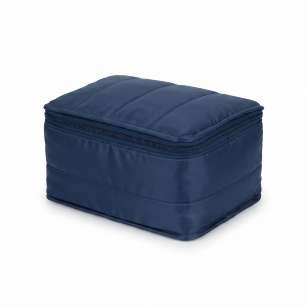 Premium Quilted Cosmetic Makeup Organizer Bag | Large Capacity Travel Toiletry Pouch | Waterproof Zipper Storage Case for Women | Navy Blue Size=22*13*16 Cm