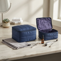 Premium Quilted Cosmetic Makeup Organizer Bag | Large Capacity Travel Toiletry Pouch | Waterproof Zipper Storage Case for Women | Navy Blue Size=22*13*16 Cm