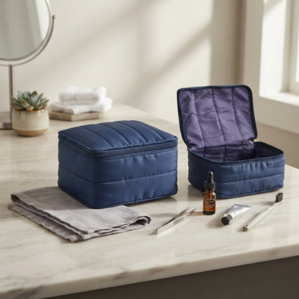 Premium Quilted Cosmetic Makeup Organizer Bag | Large Capacity Travel Toiletry Pouch | Waterproof Zipper Storage Case for Women | Navy Blue Size=22*13*16 Cm