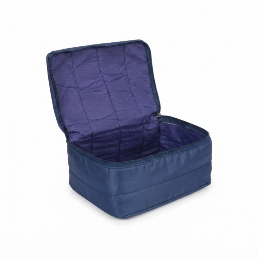 Premium Quilted Cosmetic Makeup Organizer Bag | Large Capacity Travel Toiletry Pouch | Waterproof Zipper Storage Case for Women | Navy Blue Size=22*13*16 Cm