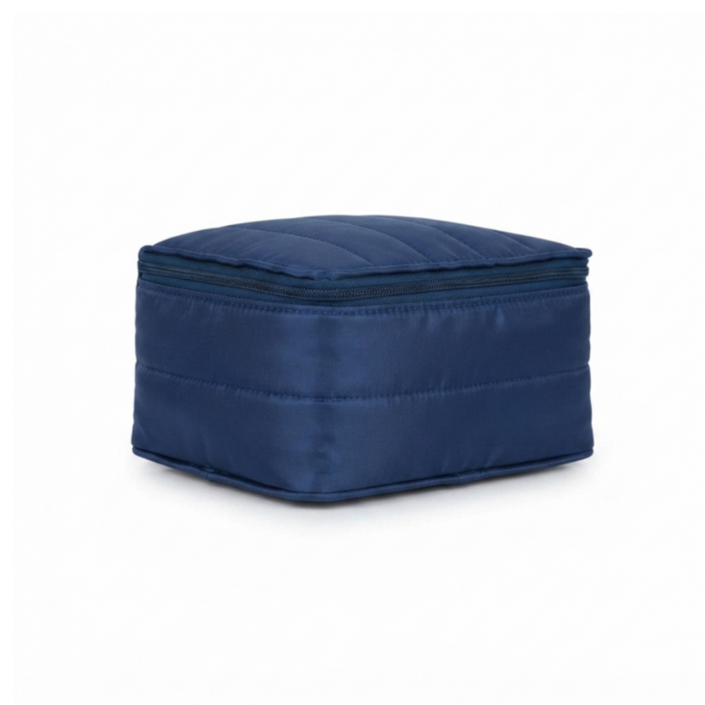 Premium Quilted Cosmetic Makeup Organizer Bag | Large Capacity Travel Toiletry Pouch | Waterproof Zipper Storage Case for Women | Navy Blue Size=22*13*16 Cm