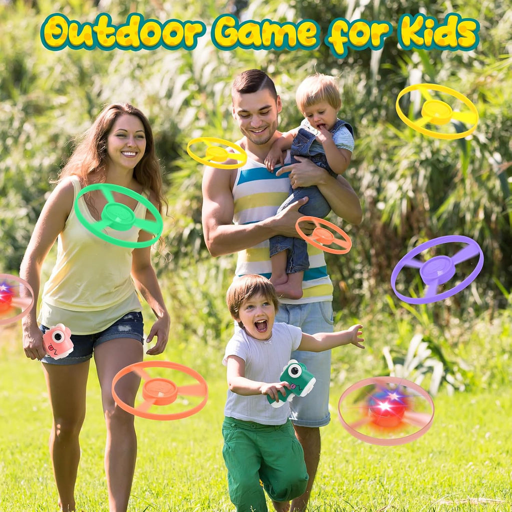Flying Disc Launcher Toy, Kids Outdoor Flying Saucer Toys, Portal Gun, 4 Flying Discs Gun and 1 Light Up Spinning Tops with Flashing LED Lights for Kids