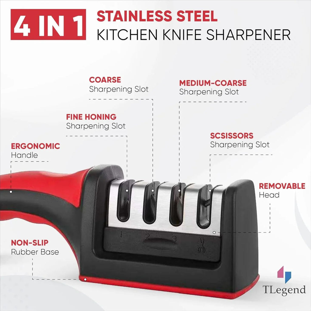 Knife Sharpeners for Kitchen Knives, Stainless Steel, 4 in 1 Ergonomic Knife Sharpening Kit