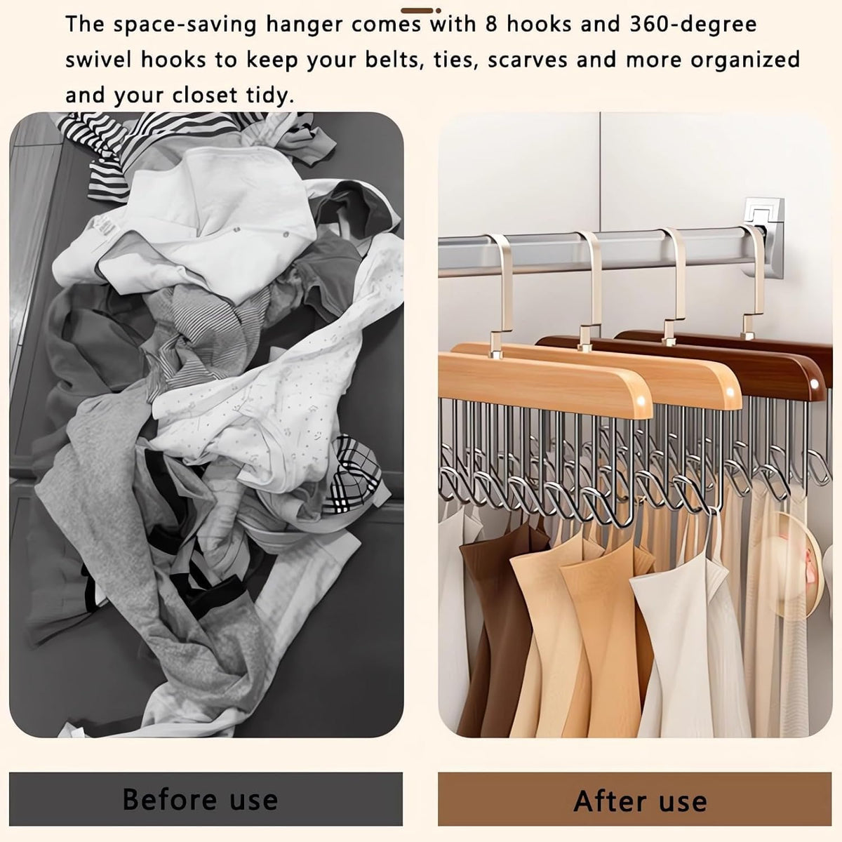 Multi Purpose 8 Hook Wooden Hangers,Wooden Belt Hanger, Tie 8 Hook Hanger,Closet Hangers, Foldable Hooks Wood Hanger