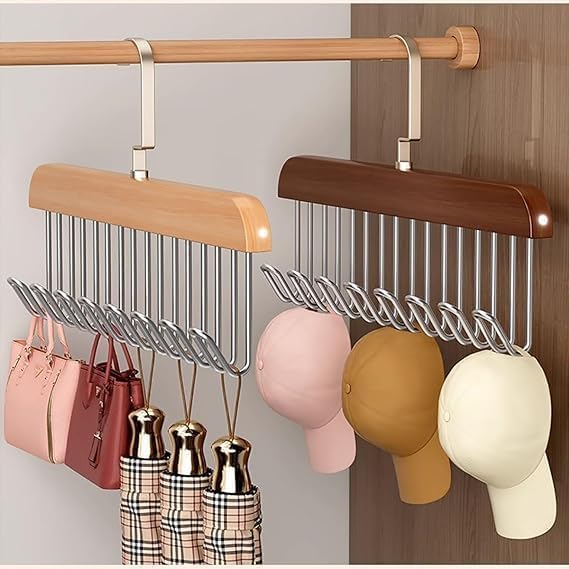 Multi Purpose 8 Hook Wooden Hangers,Wooden Belt Hanger, Tie 8 Hook Hanger,Closet Hangers, Foldable Hooks Wood Hanger