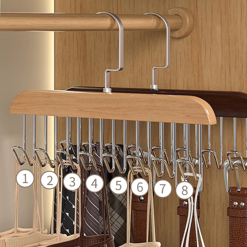 Multi Purpose 8 Hook Wooden Hangers,Wooden Belt Hanger, Tie 8 Hook Hanger,Closet Hangers, Foldable Hooks Wood Hanger