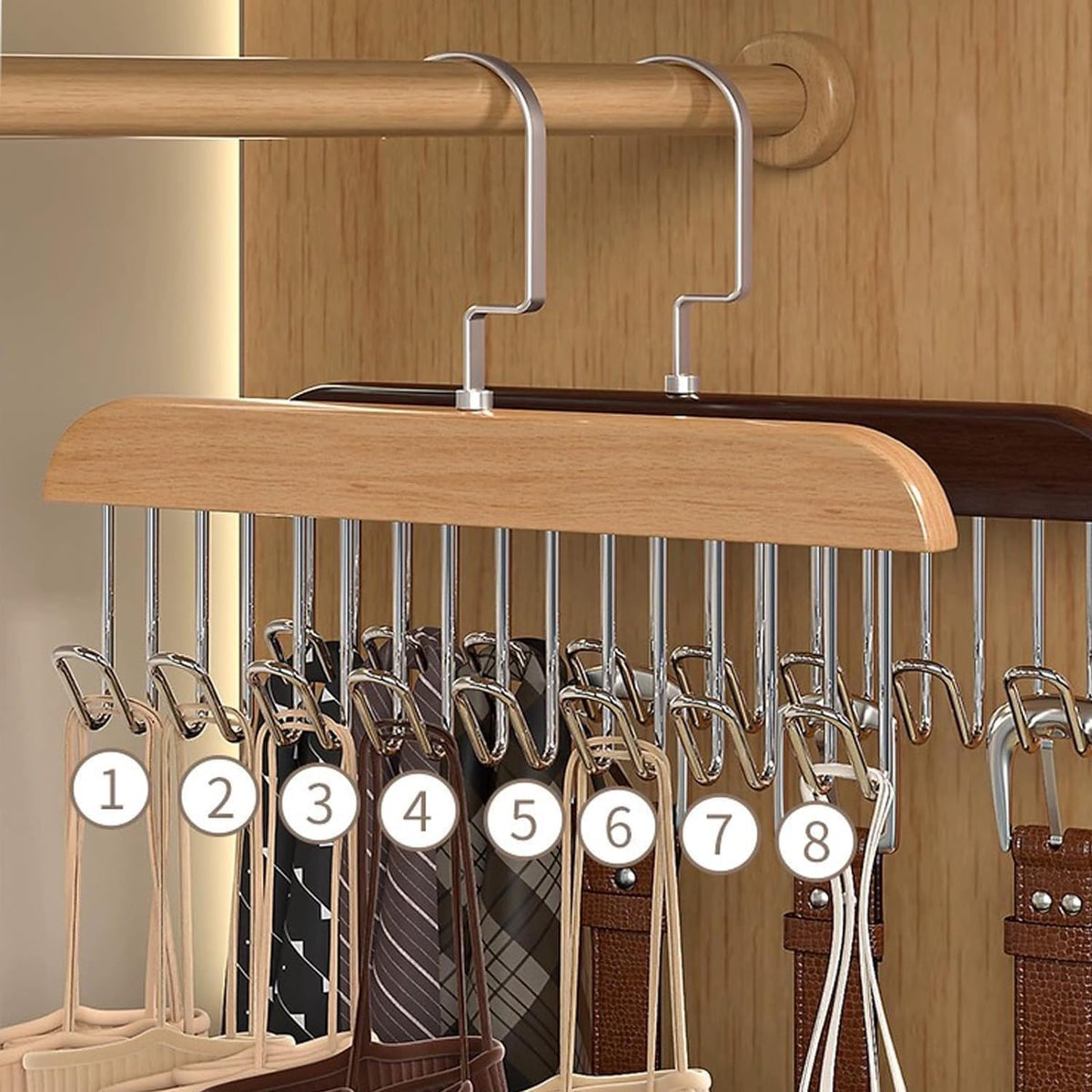 Multi Purpose 8 Hook Wooden Hangers,Wooden Belt Hanger, Tie 8 Hook Hanger,Closet Hangers, Foldable Hooks Wood Hanger