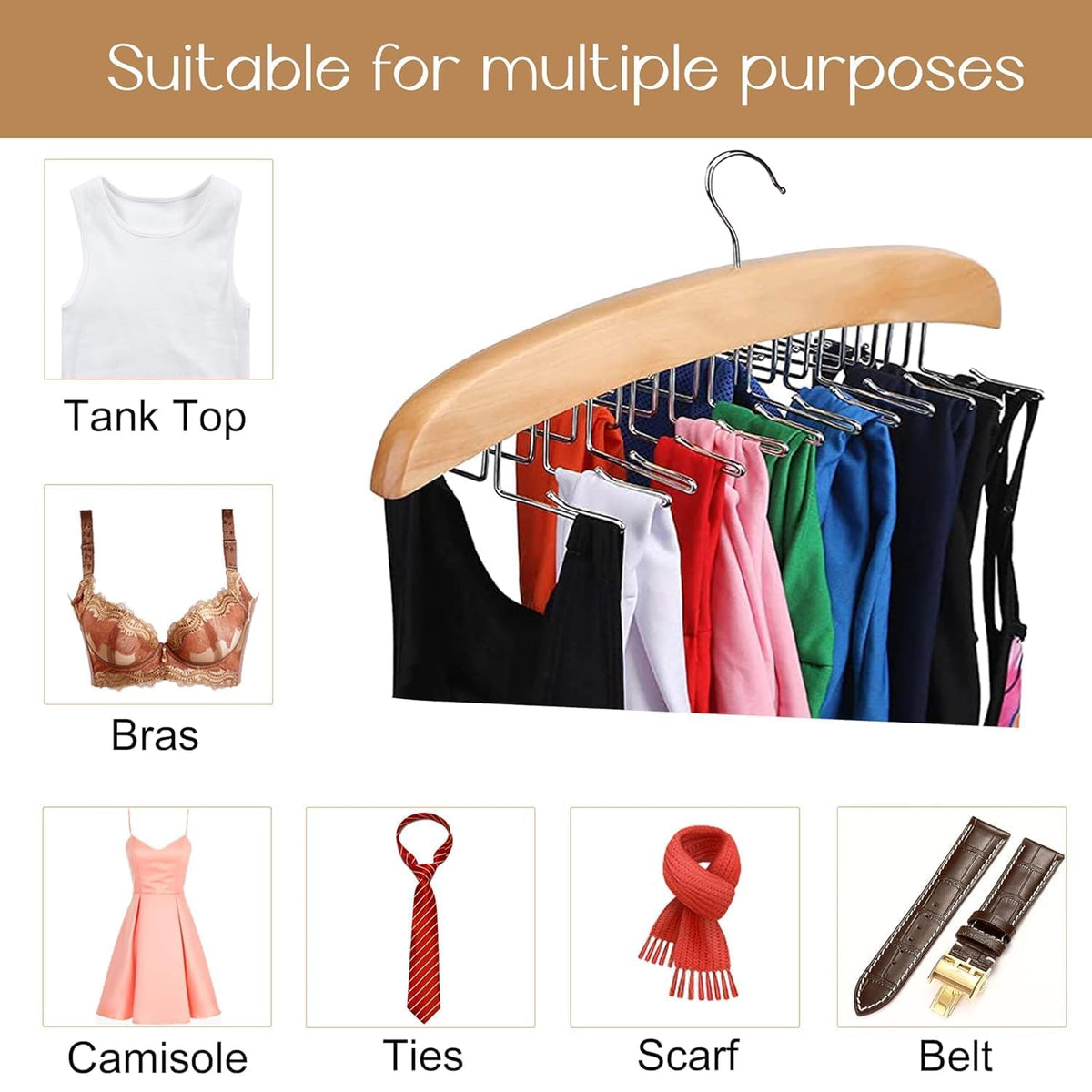 Multi Purpose 8 Hook Wooden Hangers,Wooden Belt Hanger, Tie 8 Hook Hanger,Closet Hangers, Foldable Hooks Wood Hanger