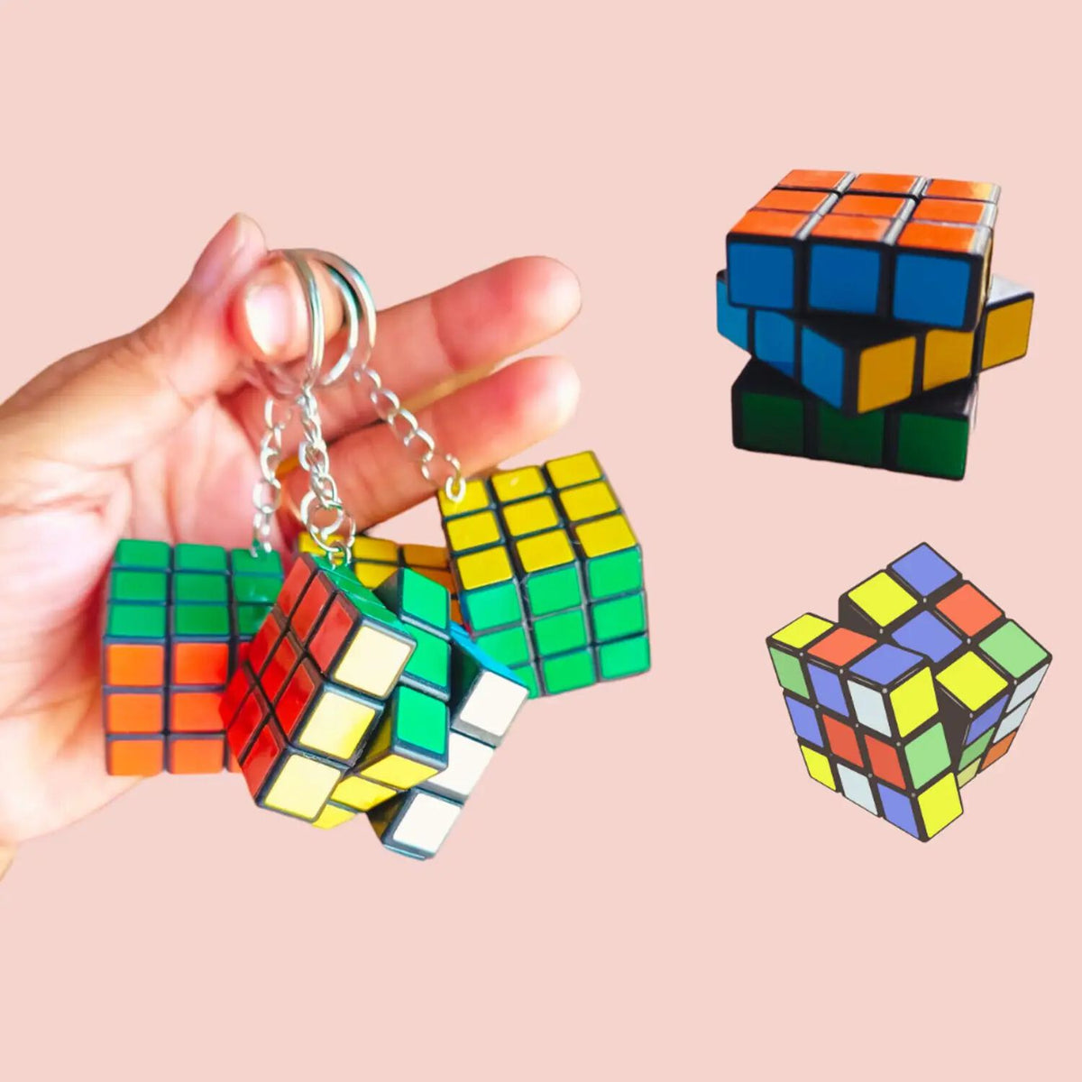 (Pack Of 12) Rubix Cube Keychain Pack | 3x3 Magic Cube Keyring Puzzle Toy | Cartoon Keychains For Kids | Birthday Return Gifts, Party Favor Keychains Set