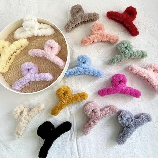 (pack of 12 )Fur Clutchers For Women & Girls | Fur Plush Claw Clip Set For Women- Furry Clutcher For Hair | Long Hair Clips {Multicolor}