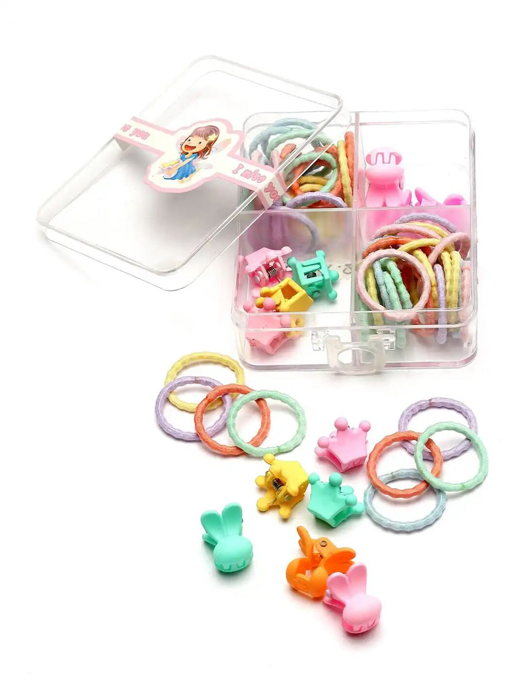Kids Hair Accessories Set with Storage Box, Mini Claw Clips & Soft Elastic Hair Bands, Multicolor Hair Ties Kit for Girls