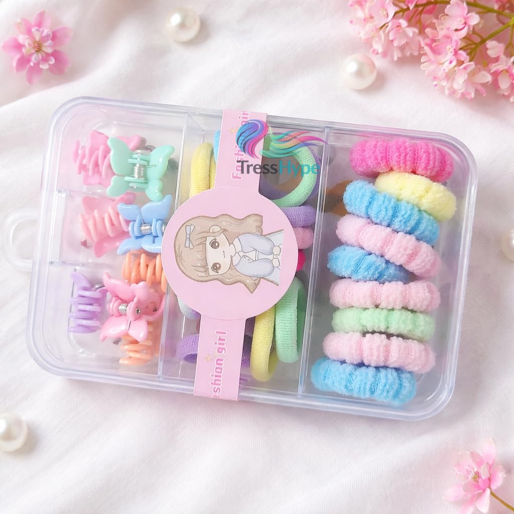 Kids Hair Accessories Set with Storage Box, Mini Claw Clips & Soft Elastic Hair Bands, Multicolor Hair Ties Kit for Girls