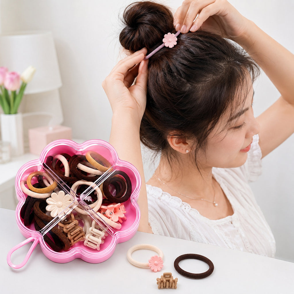 Girls Hair Accessories Organizer Box with Hair Bands, Rubber Bands,Mini Claw Clips– Multi-Color Flower Storage Case for Kids