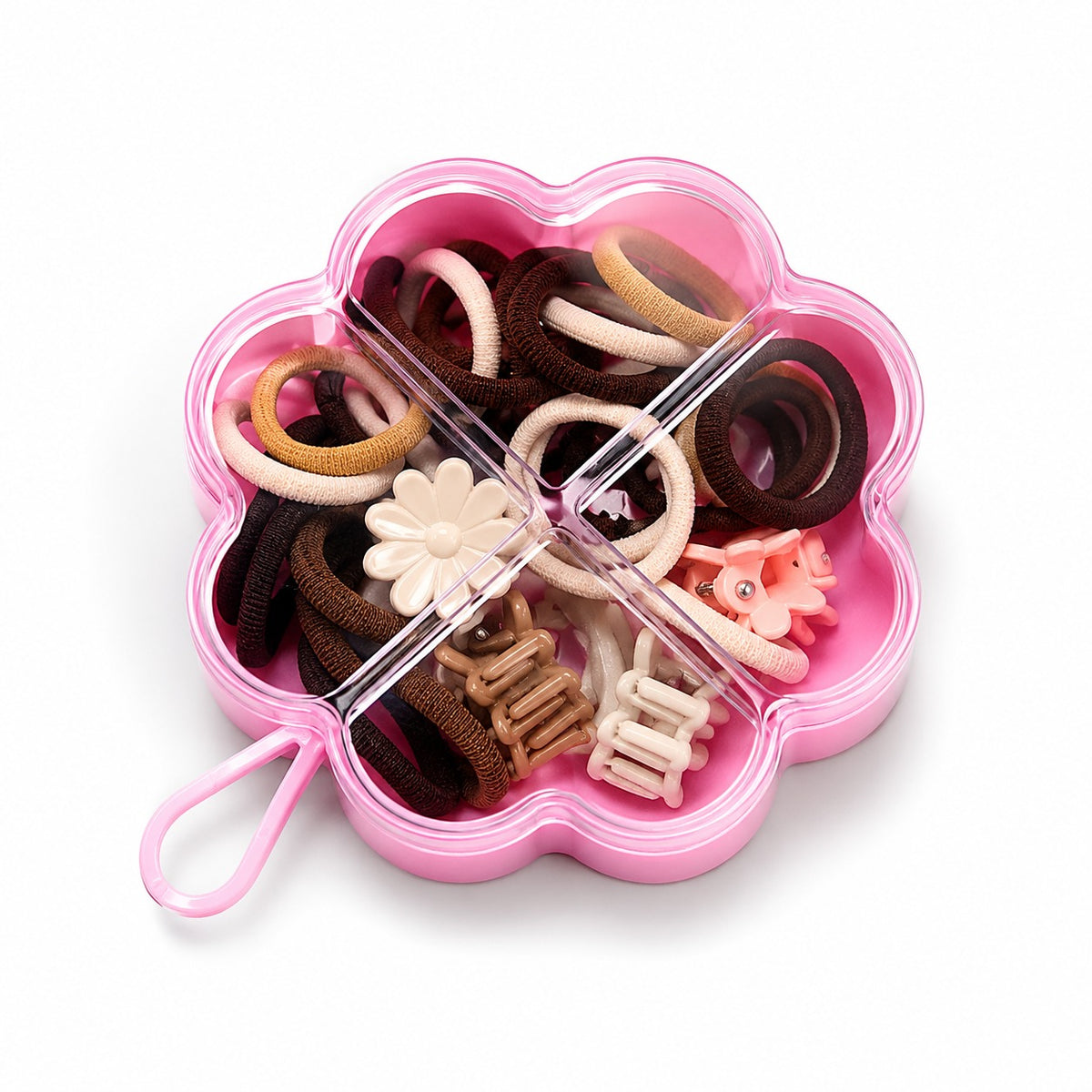 Girls Hair Accessories Organizer Box with Hair Bands, Rubber Bands,Mini Claw Clips– Multi-Color Flower Storage Case for Kids