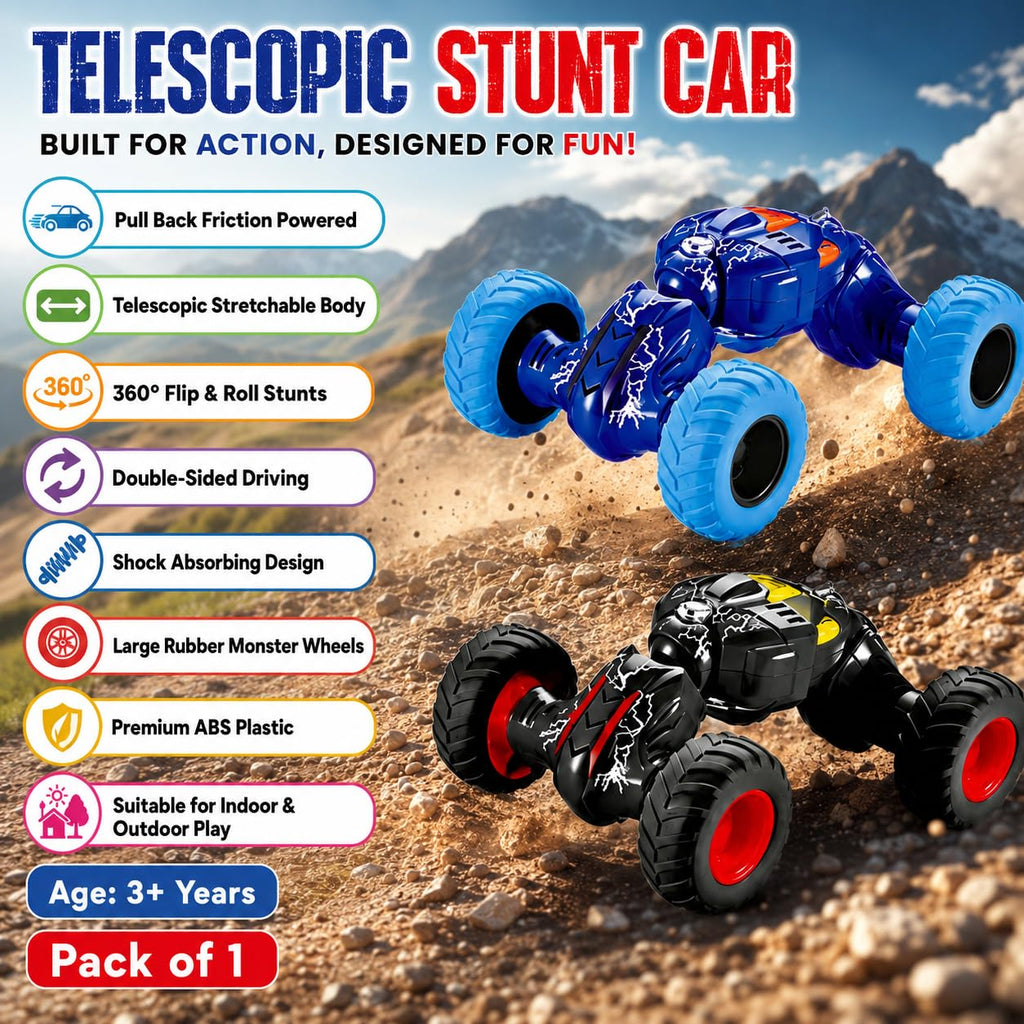 Pull Back Monster Telescopic Stunt Car Toy for Kids 3+ | 360° Flip & Roll Action | Double-Sided Friction Powered Off Road Monster Truck, {Random Colour}