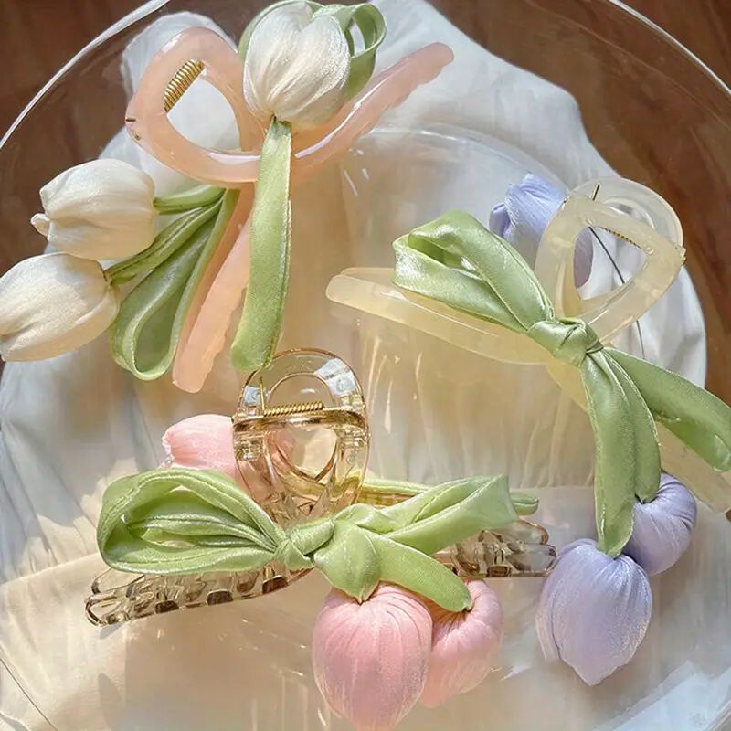 {Pack of 12} Korean Style Pastel Tulip Hair Claw Clip for Women & Girls | Elegant Floral Hair Accessories | Strong Grip Hair Clamp
