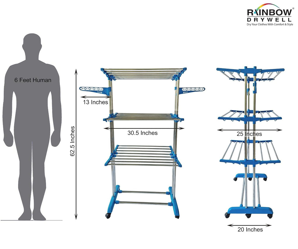 Heavy Duty 4 Tier Stainless Steel Foldable Cloth Drying Stand, 3 Layer Rust-Free Clothes Dryer/Cloth Stand/Laundry Racks/Clothes Hanger for Indoor/Outdoor/Balcony