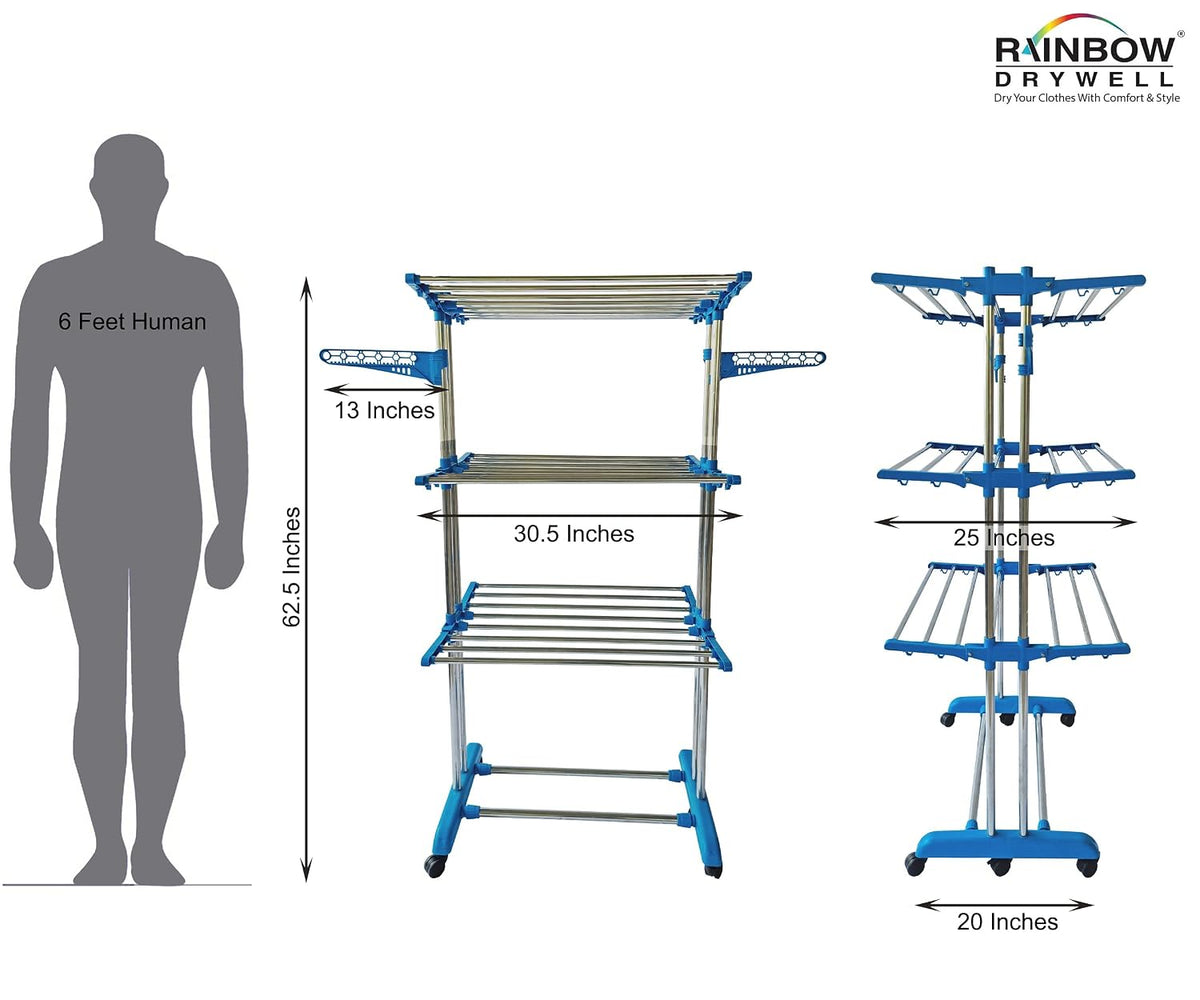 Heavy Duty 4 Tier Stainless Steel Foldable Cloth Drying Stand, 3 Layer Rust-Free Clothes Dryer/Cloth Stand/Laundry Racks/Clothes Hanger for Indoor/Outdoor/Balcony