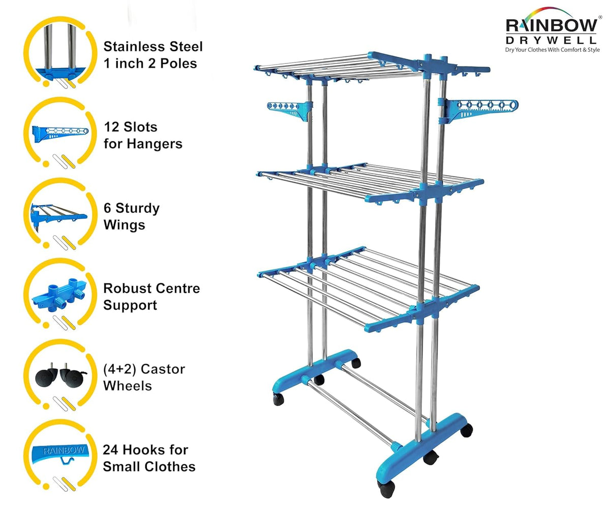 Heavy Duty 4 Tier Stainless Steel Foldable Cloth Drying Stand, 3 Layer Rust-Free Clothes Dryer/Cloth Stand/Laundry Racks/Clothes Hanger for Indoor/Outdoor/Balcony
