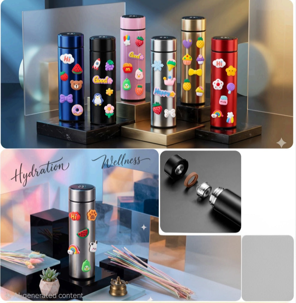 Cute Cartoon Sticker Stainless Steel Vacuum Insulated Water Bottle | Leakproof Hot & Cold Thermal Flask | Portable Travel Bottle for School, Office & Gym - 20955